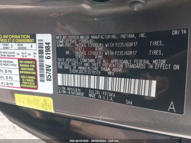 5TDYK3DC7ES519179 Toyota Sienna Xle V6 8 Passenger