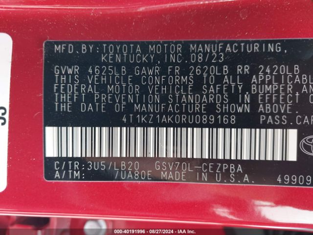 4T1KZ1AK0RU089168 Toyota Camry Xse V6