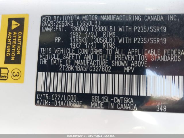 2T2BK1BA5FC327602 Lexus RX 350