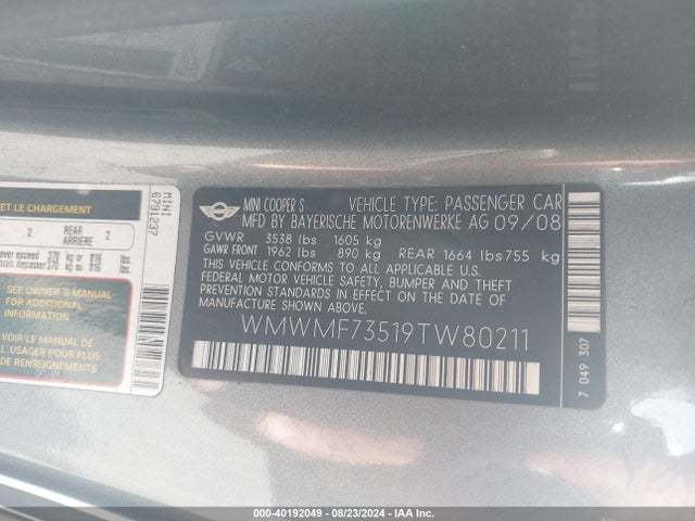 2009 MINI COOPER S WMWMF73519TW80211 Photo 8
