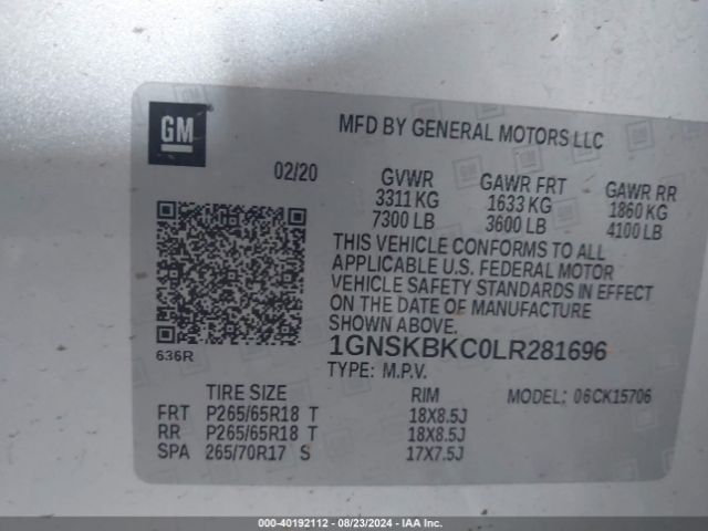 1GNSKBKC0LR281696 Chevrolet Tahoe 4wd Lt