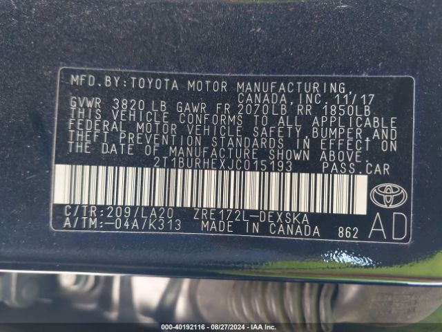 2T1BURHEXJC015193 Toyota Corolla Xse