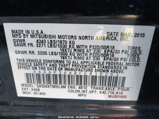 4A4AP3AW0FE036263 Mitsubishi Outlander Sport Es