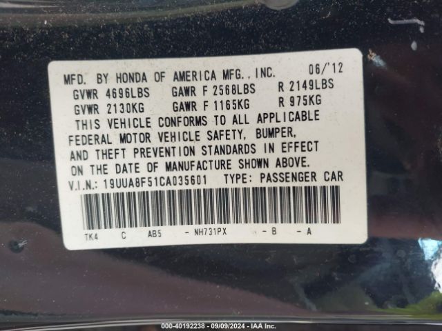 2012 ACURA TL 19UUA8F51CA035601 Photo 8