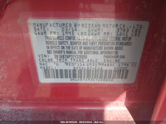 3N1AB7AP2EY228858 Nissan Sentra Fe+ S/fe+ Sv/s/sl/sr/sv