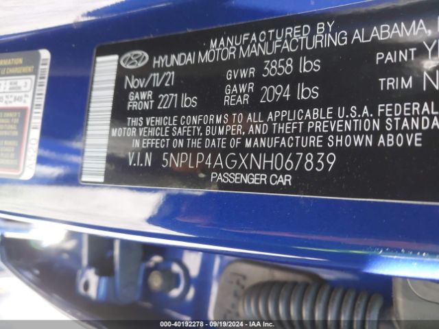 5NPLP4AGXNH067839 Hyundai Elantra Limited