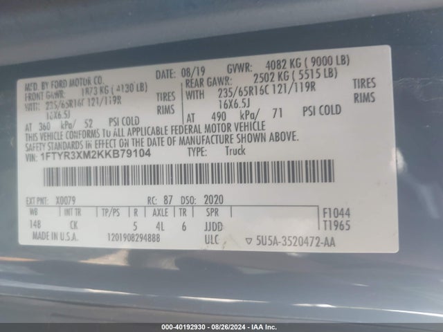 Ford Transit-250 2019 1FTYR3XM2KKB79104 Image 9