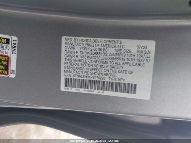 5FNRL6H91PB076228 Honda Odyssey Elite