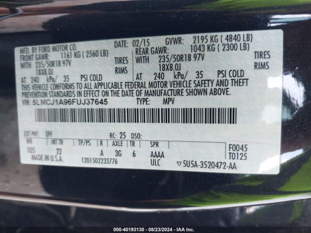 5LMCJ1A96FUJ37645 Lincoln MKC