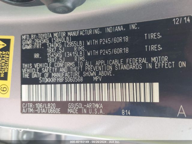 5TDKKRFH8FS060568 Toyota Highlander Xle V6