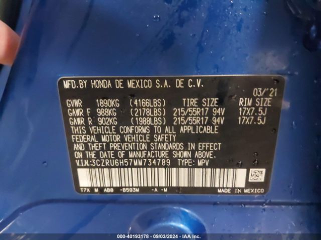 3CZRU6H57MM734789 Honda Hr-v Awd Ex