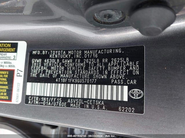 Toyota CAMRY SE 2016 4T1BF1FK9GU570177 Image 9
