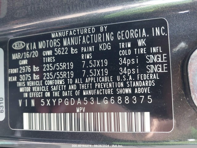 KIA Sorento 3.3l S 2020 5XYPGDA53LG688375 Image 9