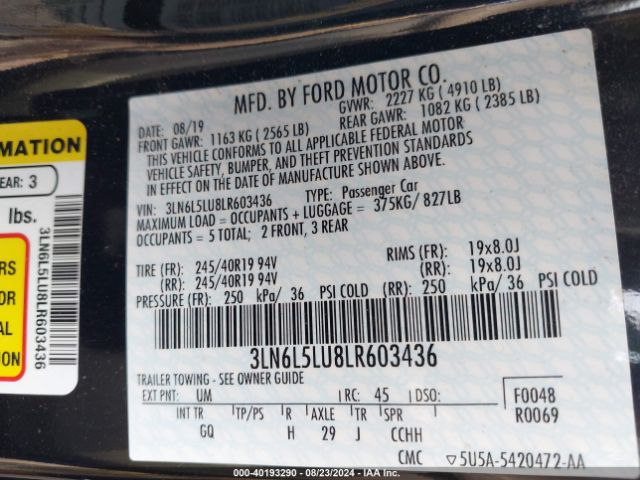 3LN6L5LU8LR603436 Lincoln Mkz Hybrid Reserve