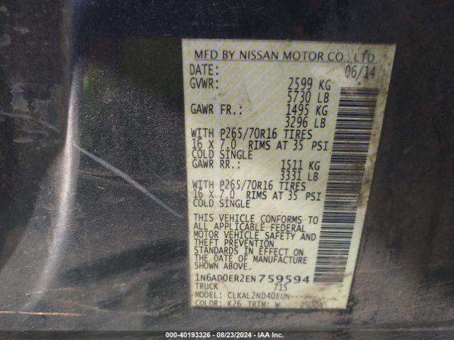 1N6AD0ER2EN759594 Nissan Frontier Sv