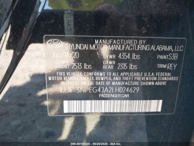 5NPEG4JA2LH024629 Hyundai SONATA SE