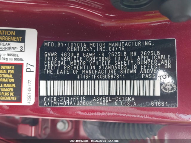 Toyota CAMRY SE 2016 4T1BF1FKXGU597811 Image 9