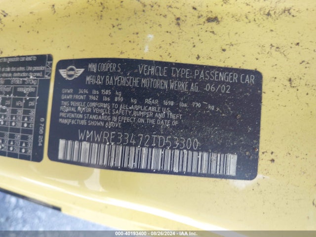 2002 MINI COOPER S WMWRE33472TD53300 Photo 8