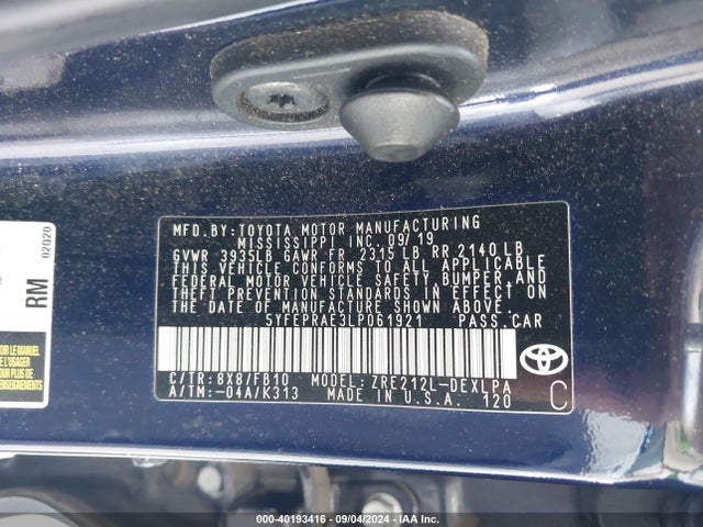 Toyota COROLLA LE 2020 5YFEPRAE3LP061921 Image 9