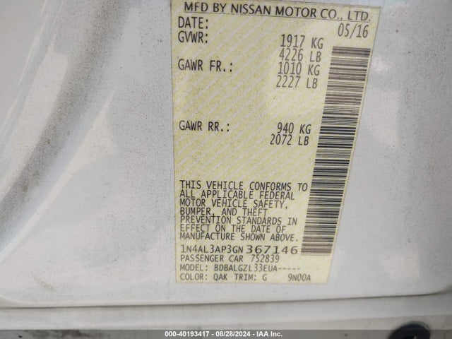 Nissan Altima 2.5 S 2016 1N4AL3AP3GN367146 Image 9
