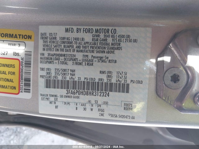 2017 Ford Fusion Se მანქანა იყიდება აუქციონზე, vin: 3FA6P0HD8HR312324, აუქციონის ნომერი: 40193418