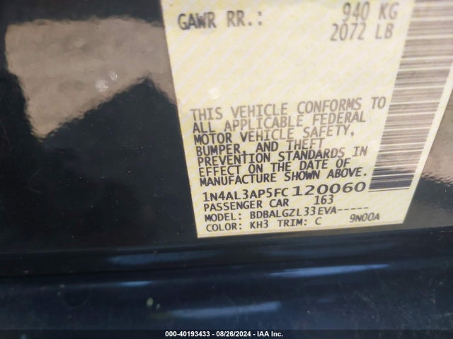 Nissan Altima 2.5 S 2015 1N4AL3AP5FC120060 Image 9