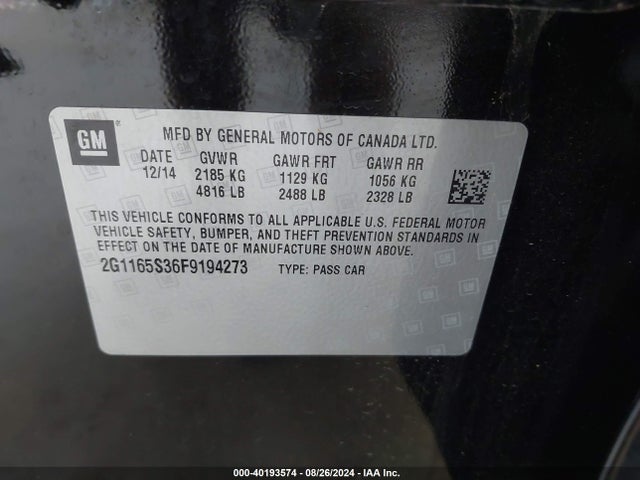 Chevrolet IMPALA 2LZ 2015 2G1165S36F9194273 Image 9