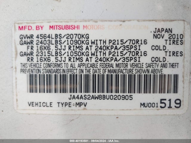2011 MITSUBISHI OUTLANDER JA4AS2AW8BU020905 Photo 8