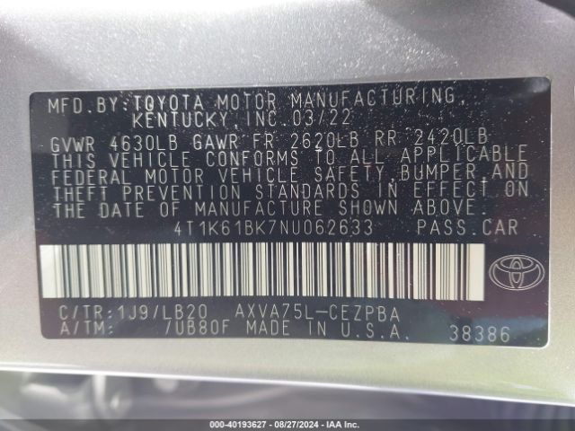 4T1K61BK7NU062633 Toyota Camry Xse Awd