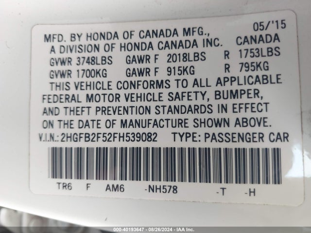 Honda Civic Lx 2015 2HGFB2F52FH539082 Image 9