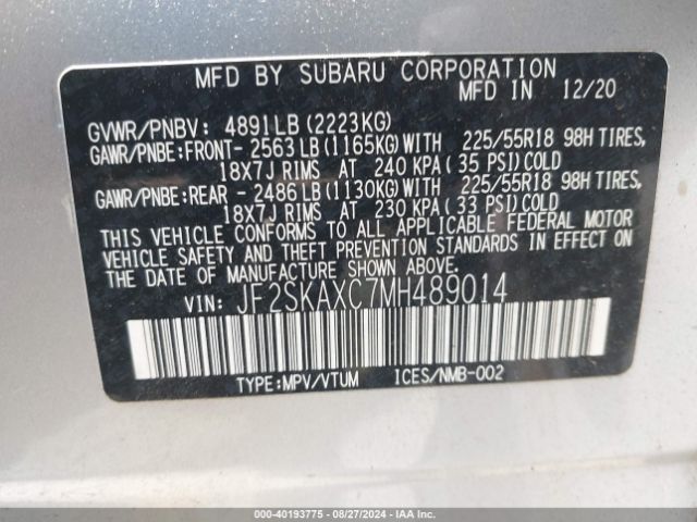 JF2SKAXC7MH489014 Subaru Forester Touring