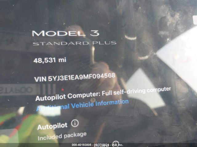 5YJ3E1EA9MF094568 Tesla Model 3 Standard Range Plus Rear-wheel Drive