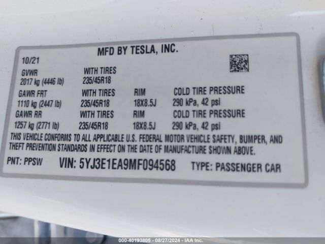 5YJ3E1EA9MF094568 Tesla Model 3 Standard Range Plus Rear-wheel Drive