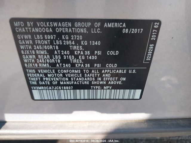 1V2MR2CA7JC518807 Volkswagen Atlas 3.6l V6 Sel