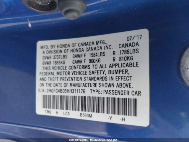 2HGFC4B03HH311176 Honda Civic Lx-p