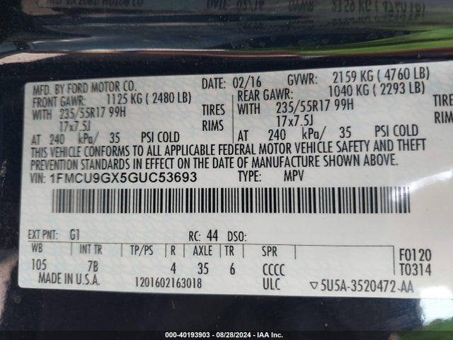 Ford ESCAPE SE 2016 1FMCU9GX5GUC53693 Image 9