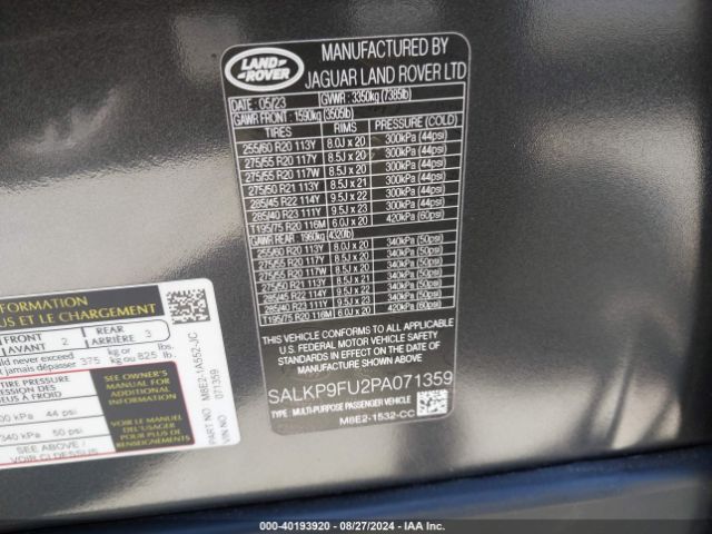 SALKP9FU2PA071359 Land Rover Range Rover P400 Se