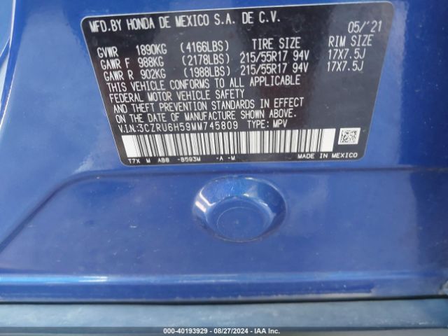 3CZRU6H59MM745809 Honda Hr-v Awd Ex