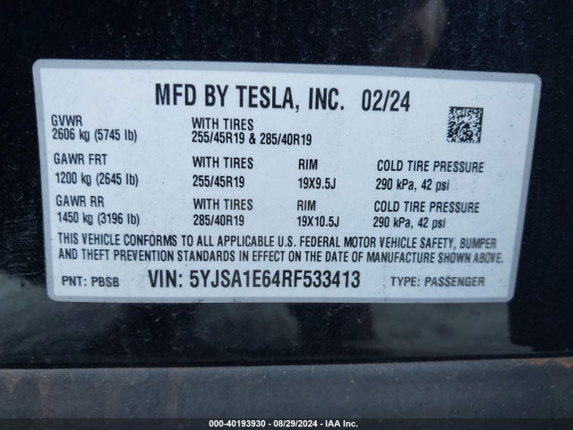 5YJSA1E64RF533413 Tesla Model S Plaid Tri Motor All-wheel Drive