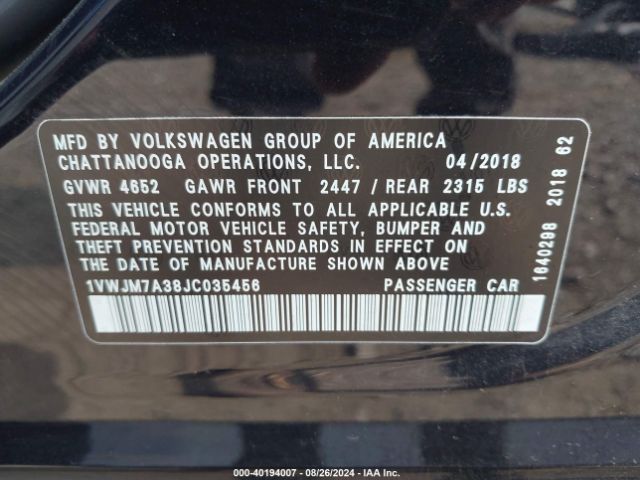 1VWJM7A38JC035456 Volkswagen Passat 3.6l V6 Gt