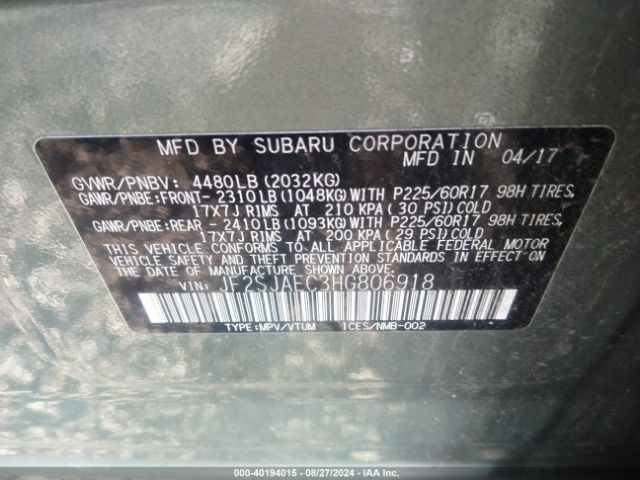 JF2SJAEC3HG806918 Subaru Forester 2.5i Premium