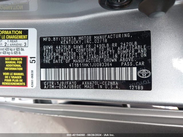Toyota CAMRY LE 2018 4T1B11HK1JU083364 Image 9