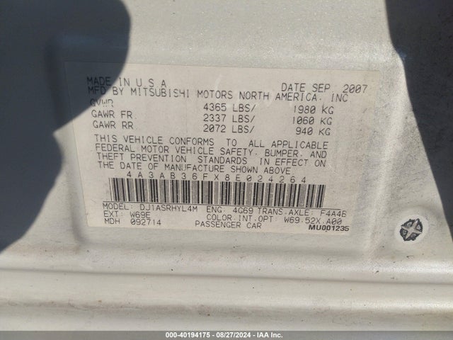 2008 MITSUBISHI GALANT 4A3AB36FX8E024264 Photo 8