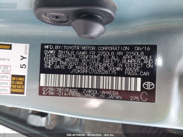 JTDKBRFU7G3528175 Toyota Prius Two