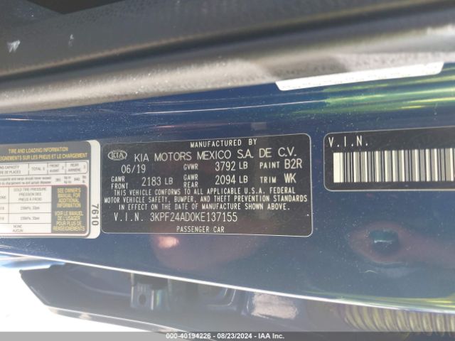 3KPF24AD0KE137155 KIA Forte Lxs