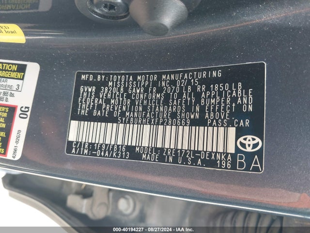 Toyota COROLLA LE 2015 5YFBURHEXFP280669 Image 9