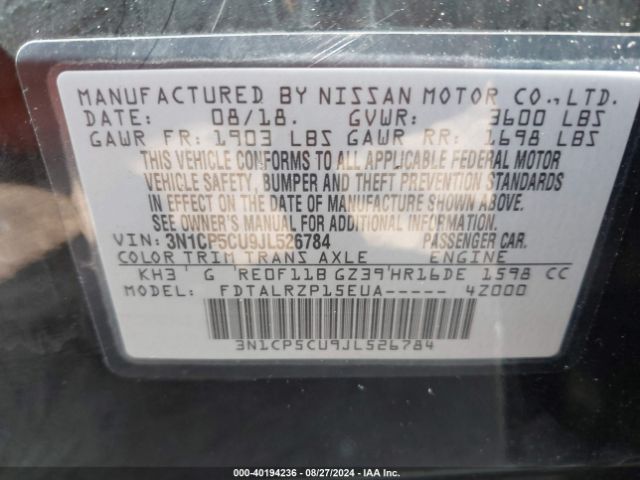 3N1CP5CU9JL526784 Nissan KICKS S