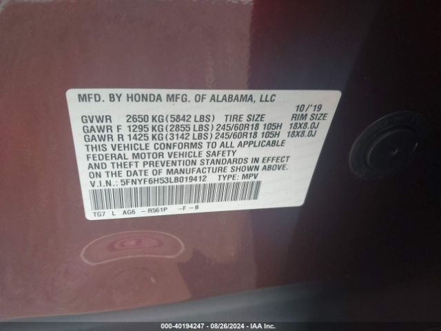 5FNYF6H53LB019412 Honda Pilot Awd Ex-l
