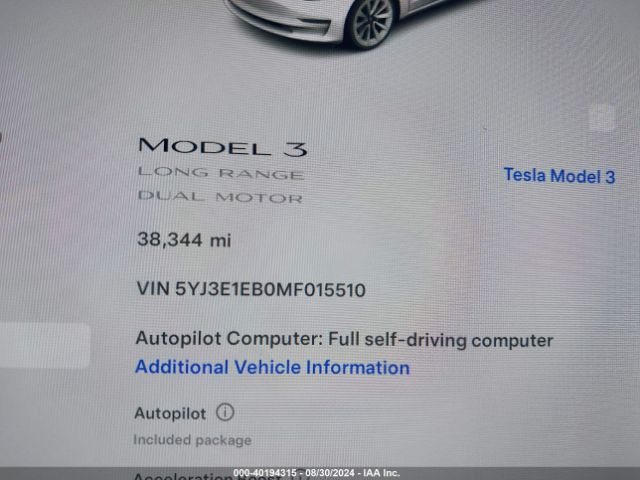 5YJ3E1EB0MF015510 Tesla Model 3 Long Range Dual Motor All-wheel Drive