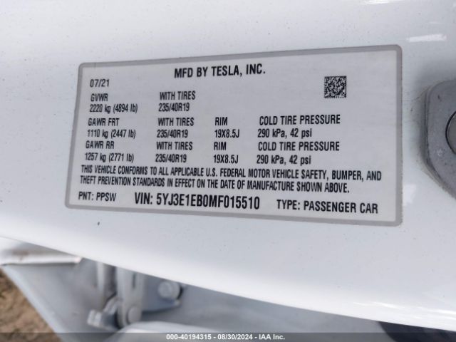 5YJ3E1EB0MF015510 Tesla Model 3 Long Range Dual Motor All-wheel Drive
